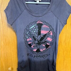 Ed Hardy woman’s Tee - Dark Gray with Pink Graphic